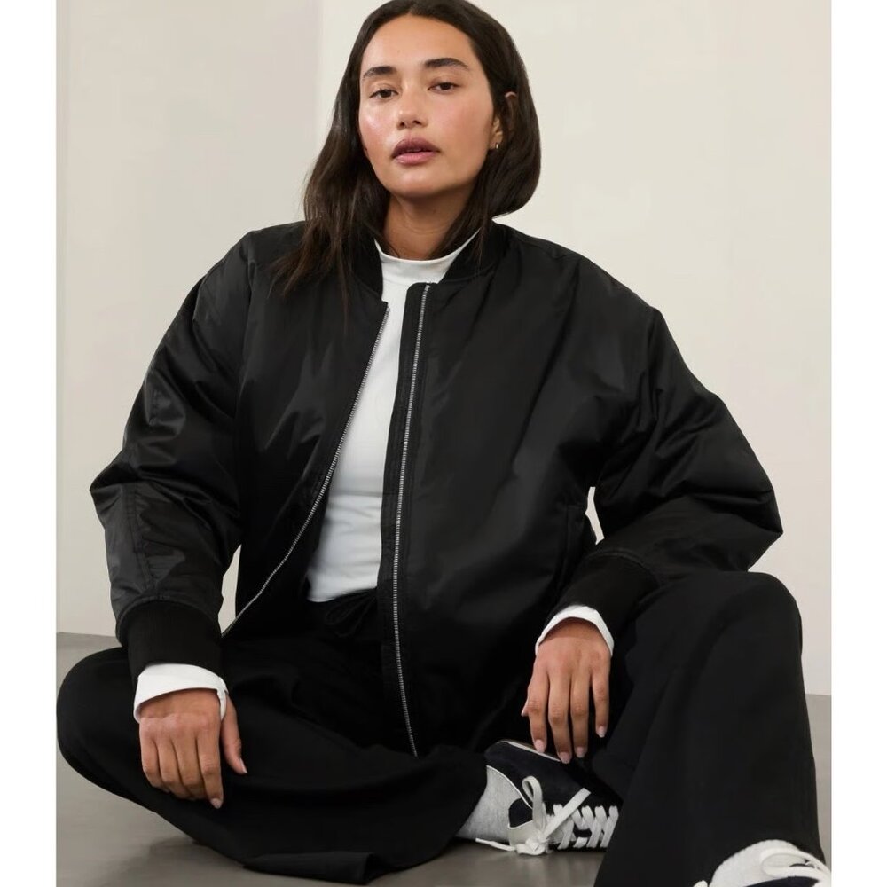 Athleta Sateen Bomber Jacket Oversized Black Coat Large NWT